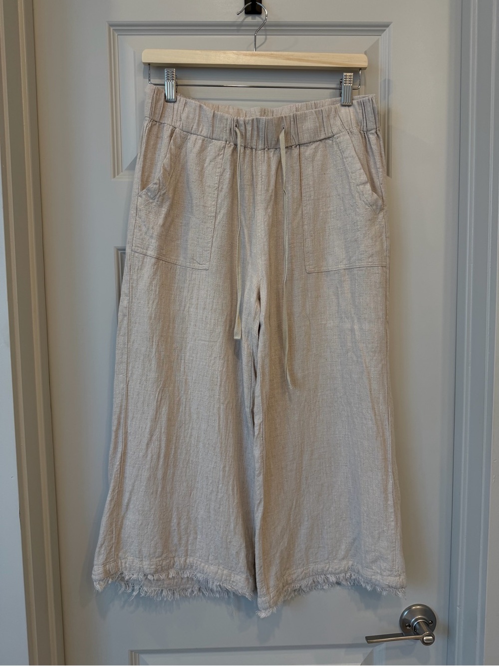 Natural Beige Linen-Blend Wide Leg Frayed Hem Pants